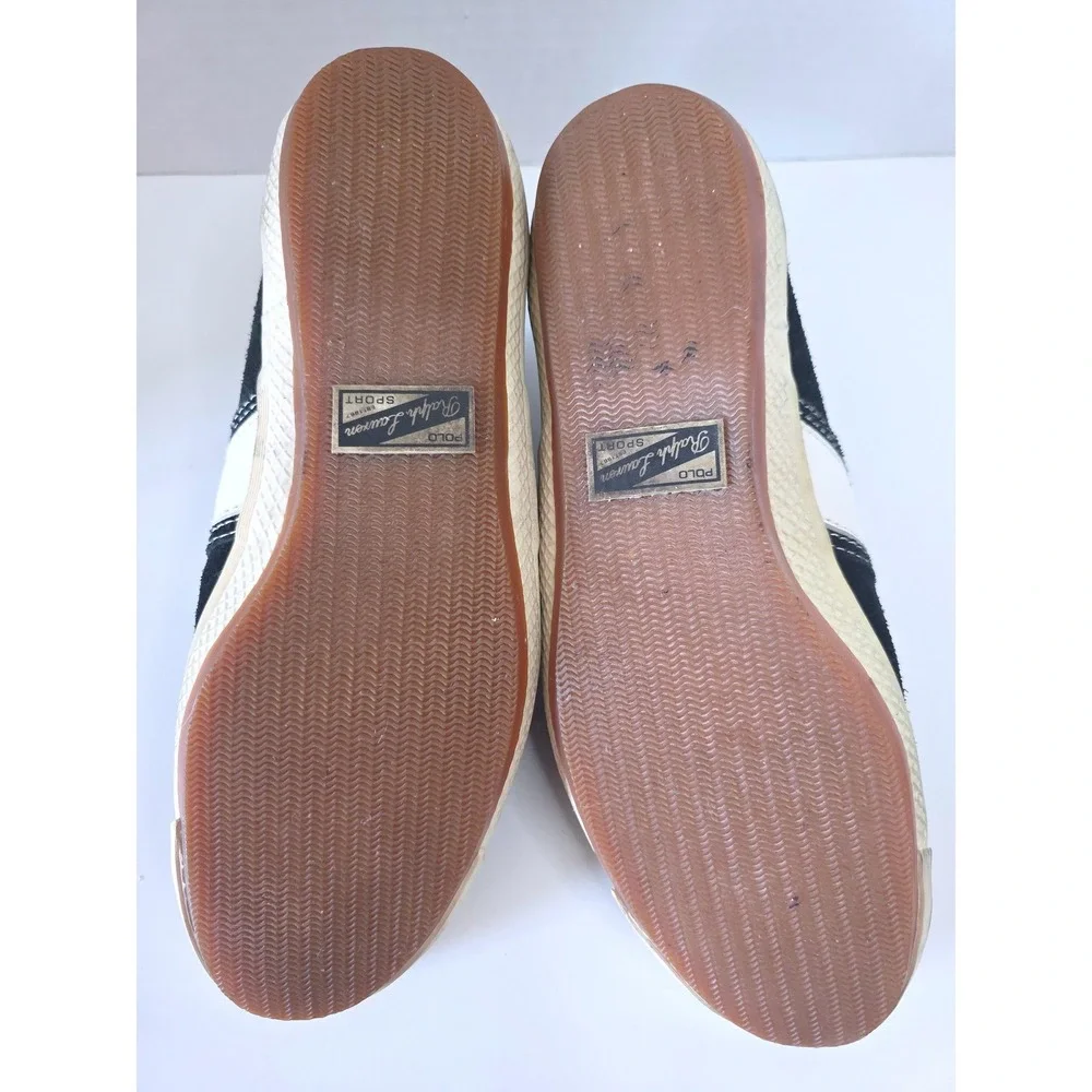 Polo‎ Sport Ralph Lauren Black Suede Low Top Sneakers White Stripe 8B Retro 90s